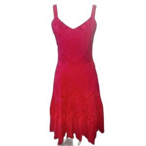 Japna Romantic Boho Eyelet Sundress Coral Pink Hi-Low Smocked Fit Flare Tiered M